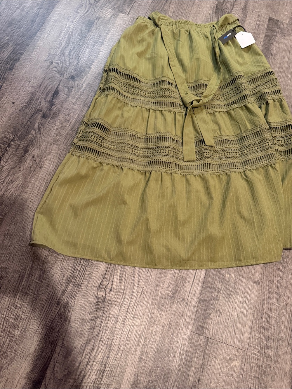 Alice Blue Olive Tiered Crochet Detail Maxi Skirt